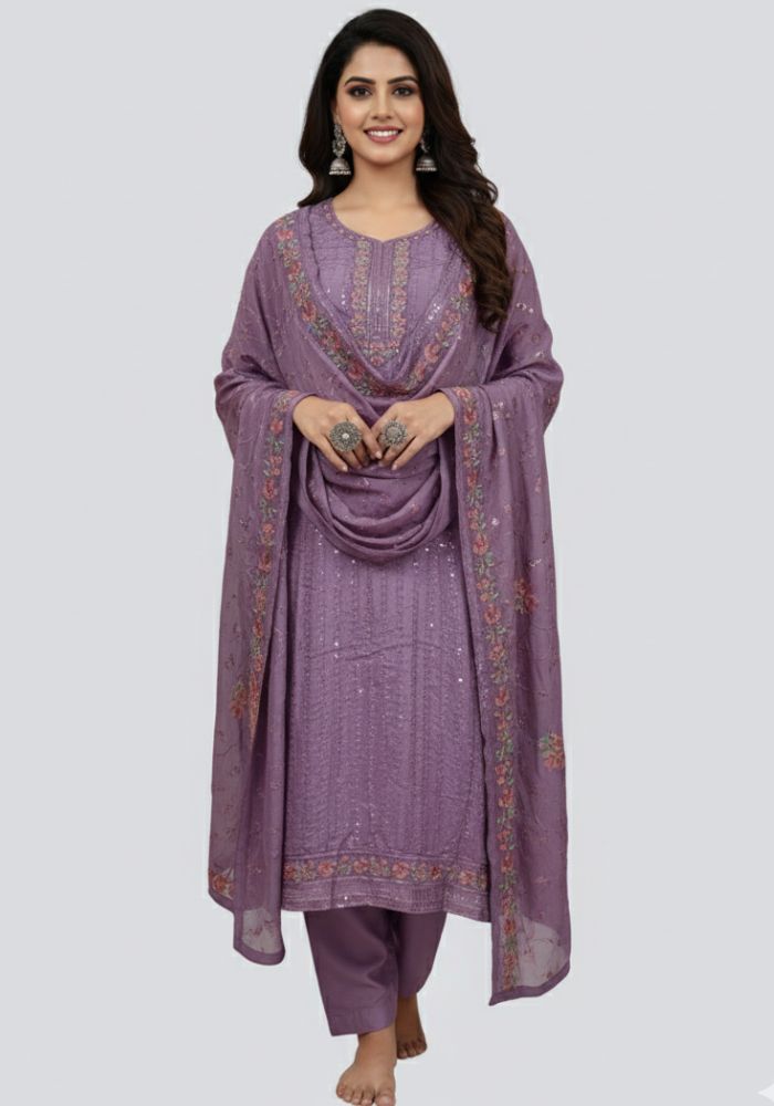 Heavy Embroidery Chinon Fabric Semi Stiched Grey Color Party Dress D 2165 H