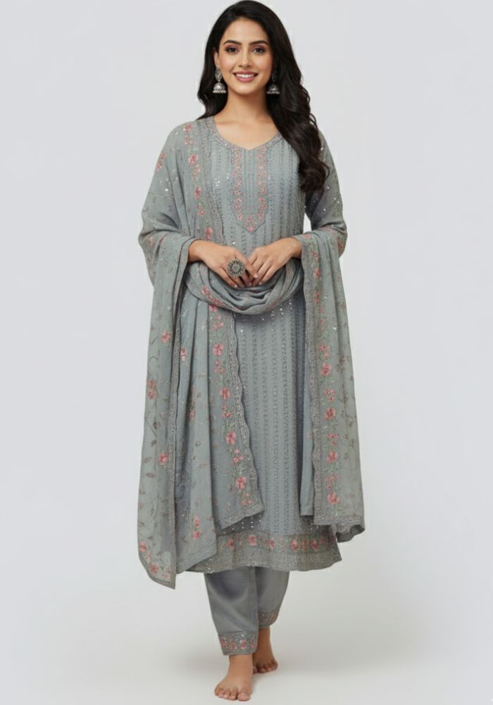 Heavy Embroidery Chinon Fabric Semi Stiched Ash Color Party Dress D 2165 R