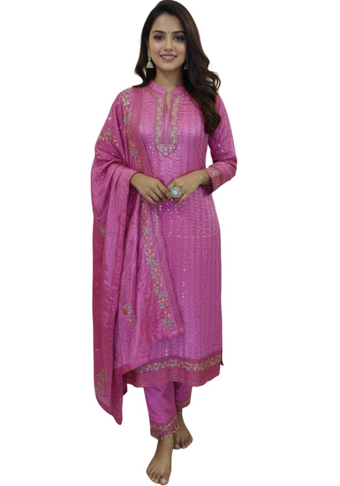 Heavy Embroidery Chinon Fabric Semi Stiched Pink Color Party Dress D 2165 P