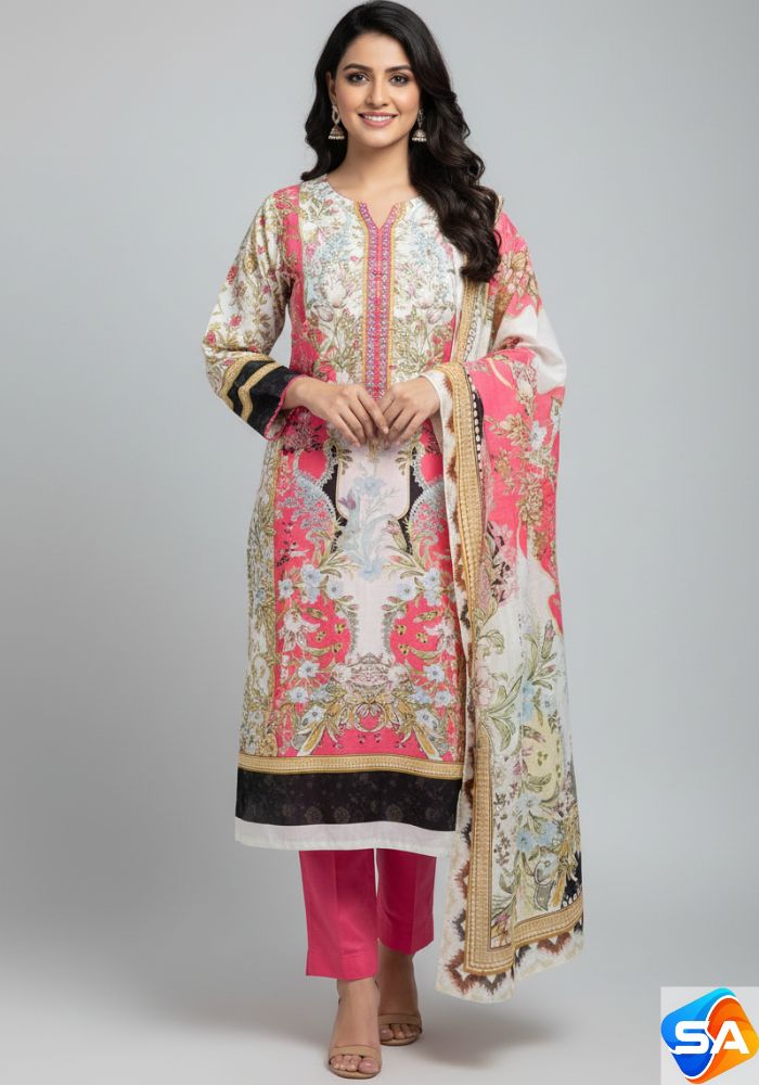 Premium Quality Pure Swis Cotton Printed Three Pieces RBL 14