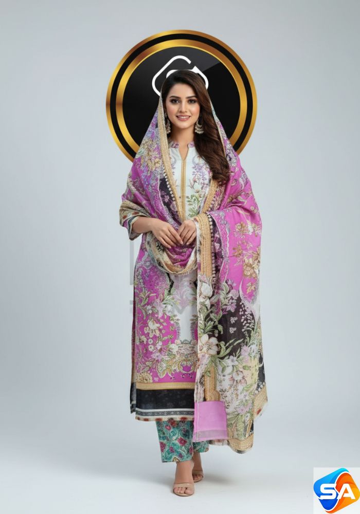 Premium Quality Pure Swis Cotton Printed Three Pieces RBL 23