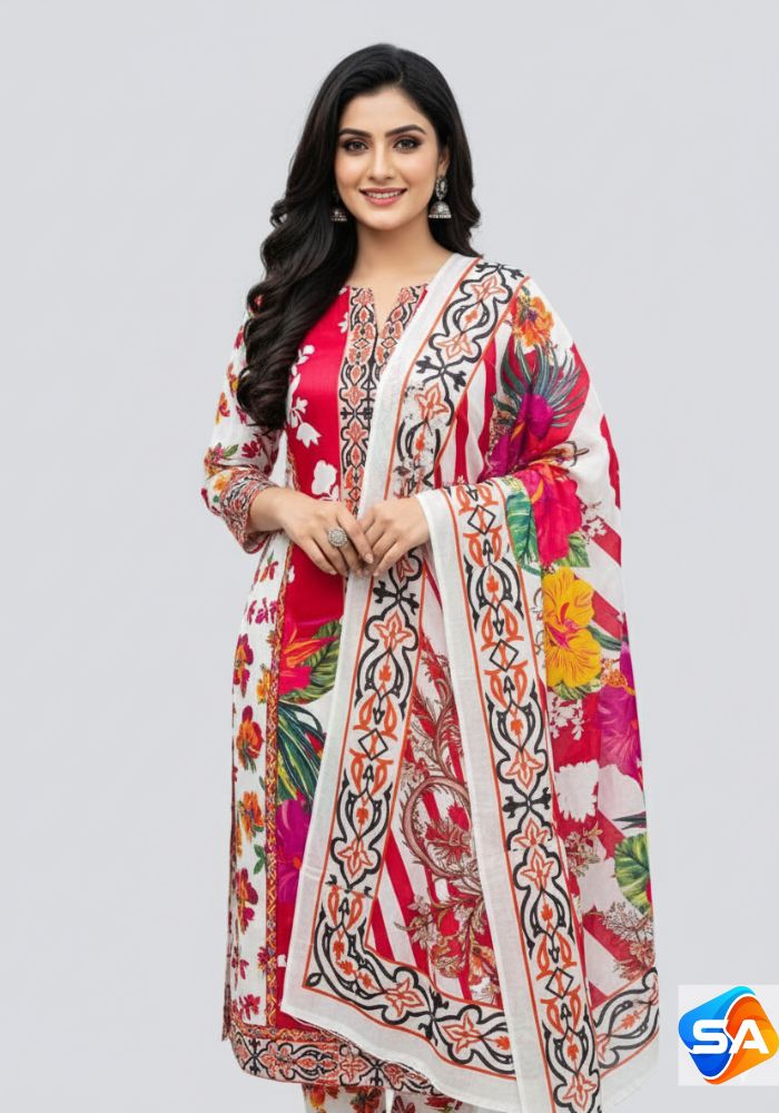 Premium Quality Pure Swis Cotton Printed Three Pieces RBL 37