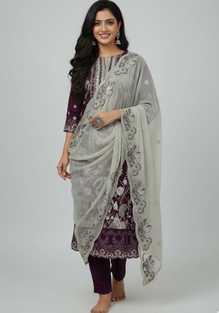 Semi–Stitched Embroidered PartywareThree Pieces Suit 2164 D