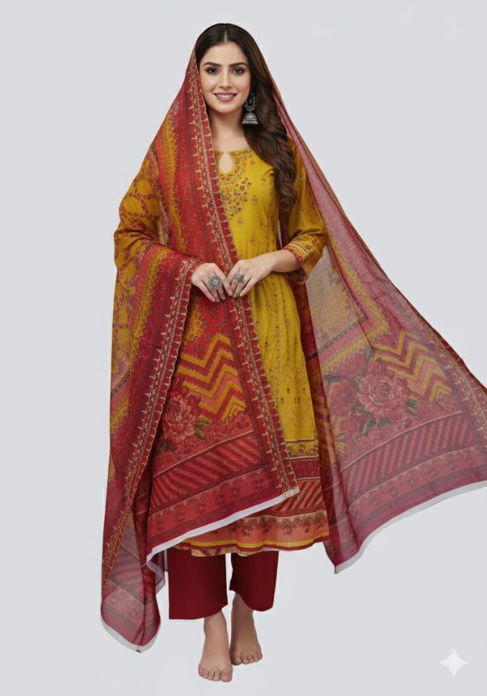 Exclusive Digital Embroidered Three Piece Viral D No 1090 Kathali Color