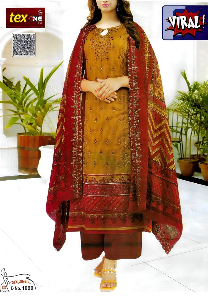 Exclusive Digital Embroidered Three Piece Viral D No 1090 Kathali Color