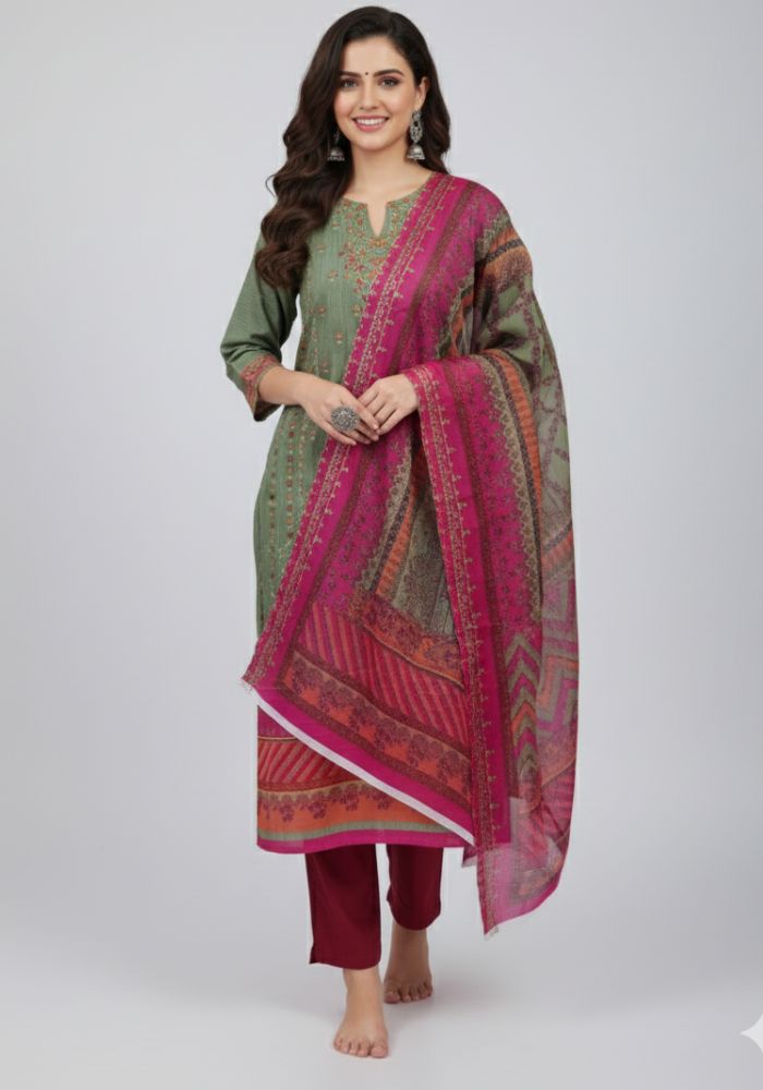 Exclusive Digital Embroidered Three Piece Viral D No 1090 Oliv Color