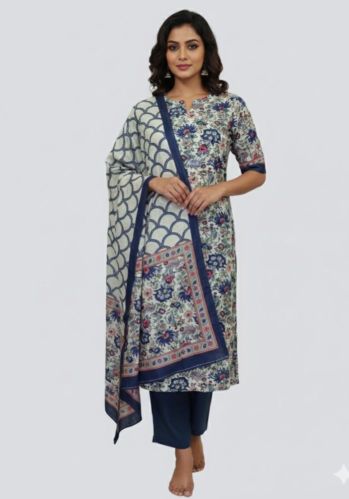 Bonoful Joypury Cotton Printed Three Piece Navy Blue Color D No 1125