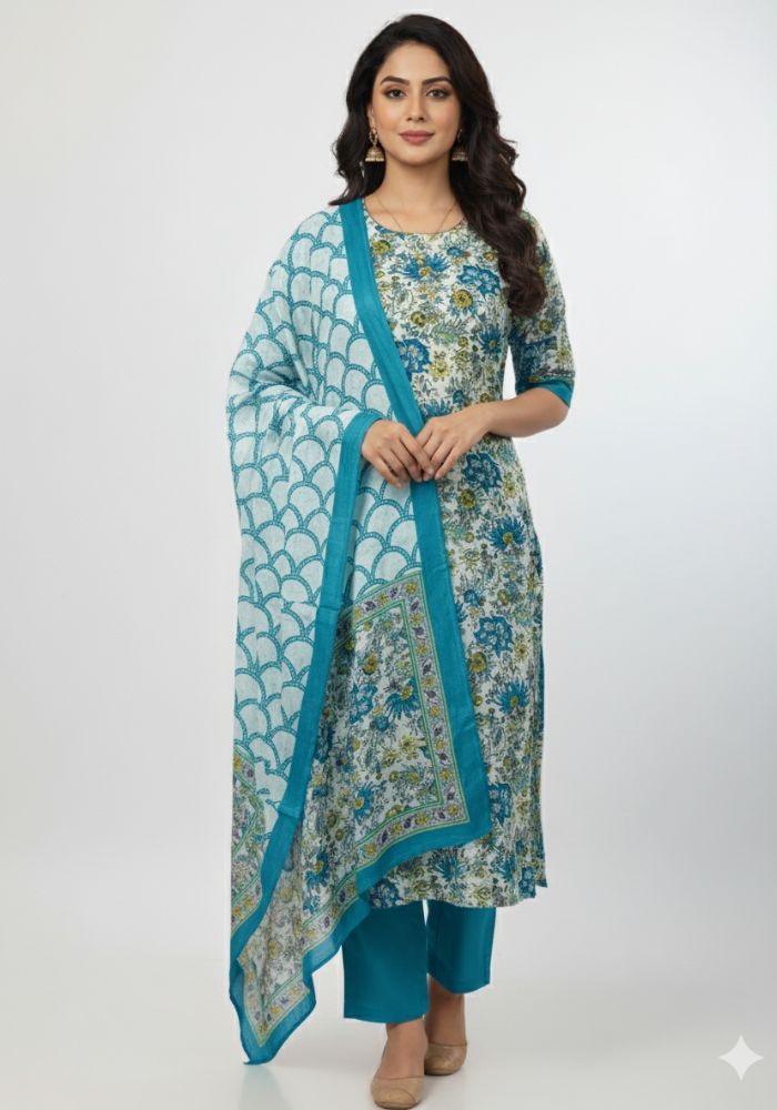 Bonoful Joypury Cotton Printed Three Piece Blue Color D No 1125