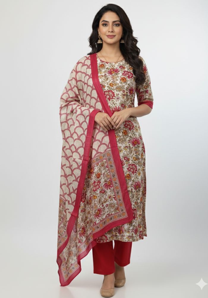 Bonoful Joypury Cotton Printed Three Piece Red Color D No 1125