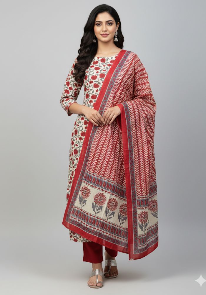 Bonoful Joypury Cotton Printed Three Piece Red Color