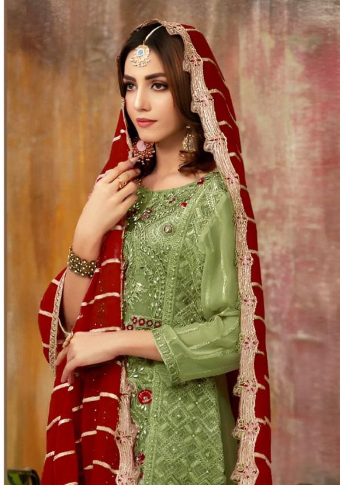 Embroidered Organza Suits Unstitched Luxury Collection Three Piece Green DHF-D-301 (1)