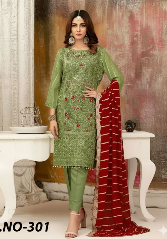 Embroidered Organza Suits Unstitched Luxury Collection Three Piece Green DHF-D-301