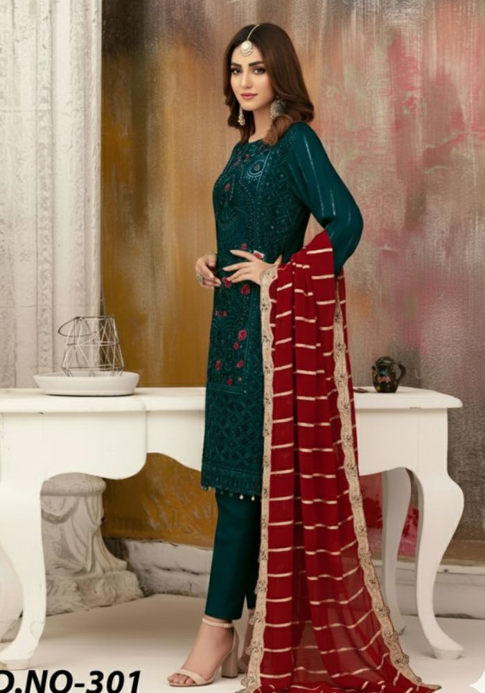 Embroidered Organza Suits Unstitched Luxury Collection Three Piece Green Ocean Green DHF-D-301 (1)