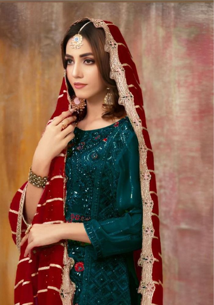 Embroidered Organza Suits Unstitched Luxury Collection Three Piece Green Ocean Green DHF-D-301 (2)