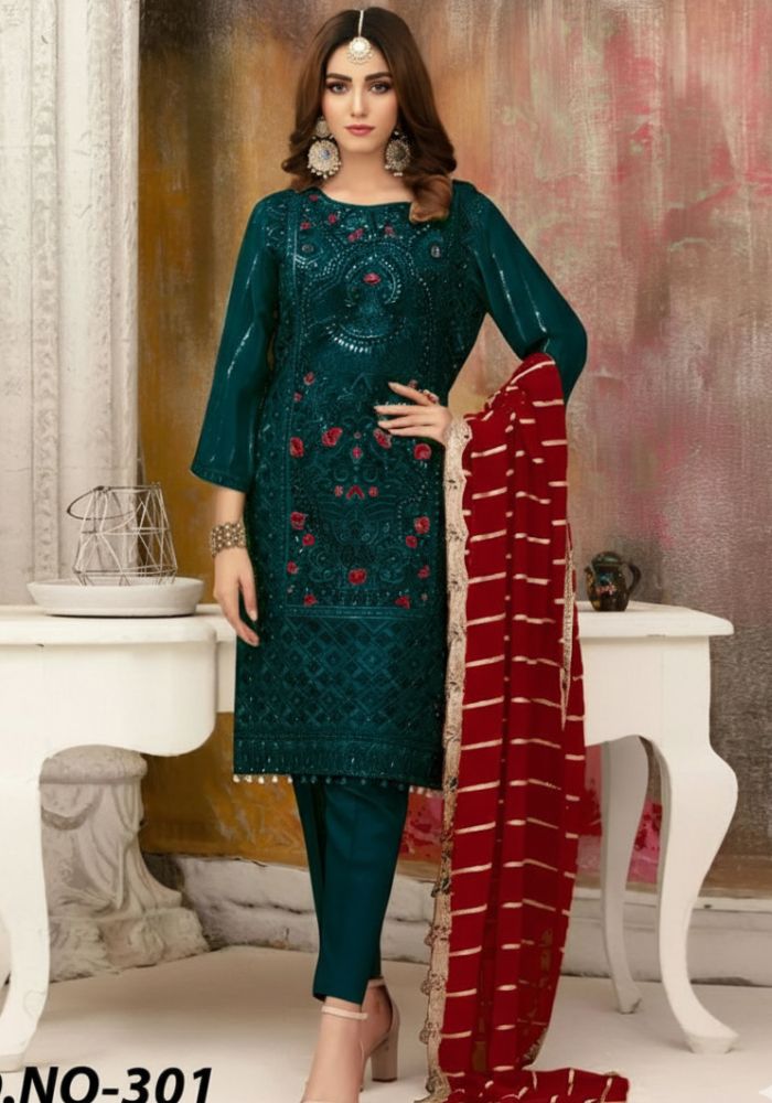 Embroidered Organza Suits Unstitched Luxury Collection Three Piece Ocean Green DHF-D-301