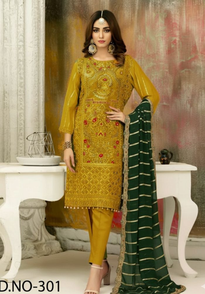 Embroidered Organza Suits Unstitched Luxury Collection Three Piece Yellow DHF-D-301