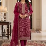 Exclusive Designer Embroidered Chinon Three Pieces Salwar Kameez DHF Maroon Color