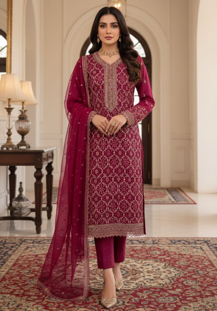 Exclusive Designer Embroidered Chinon Three Pieces Salwar Kameez DHF Maroon Color