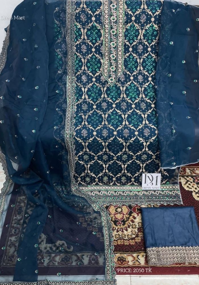 Exclusive Designer Embroidered Chinon Three Pieces Salwar Kameez Ocean Blue
