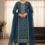 Exclusive Designer Embroidered Chinon Three Pieces Salwar Kameez DHF Ocean Blue