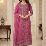 Exclusive Designer Embroidered Chinon Three Pieces Salwar Kameez DHF Pink Color