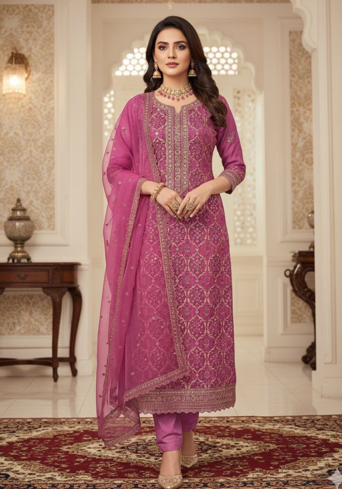 Exclusive Designer Embroidered Chinon Three Pieces Salwar Kameez DHF Pink Color