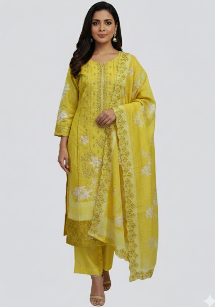 Exclusive Pure Cotton Digital Embroidered Lawn Yellow Color Three Pieces D-5301