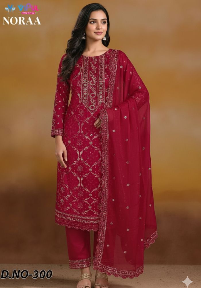 Exclusive Vipul Nora Designer Embroidered Chiffon Salwar Suit DHF Maroon Color