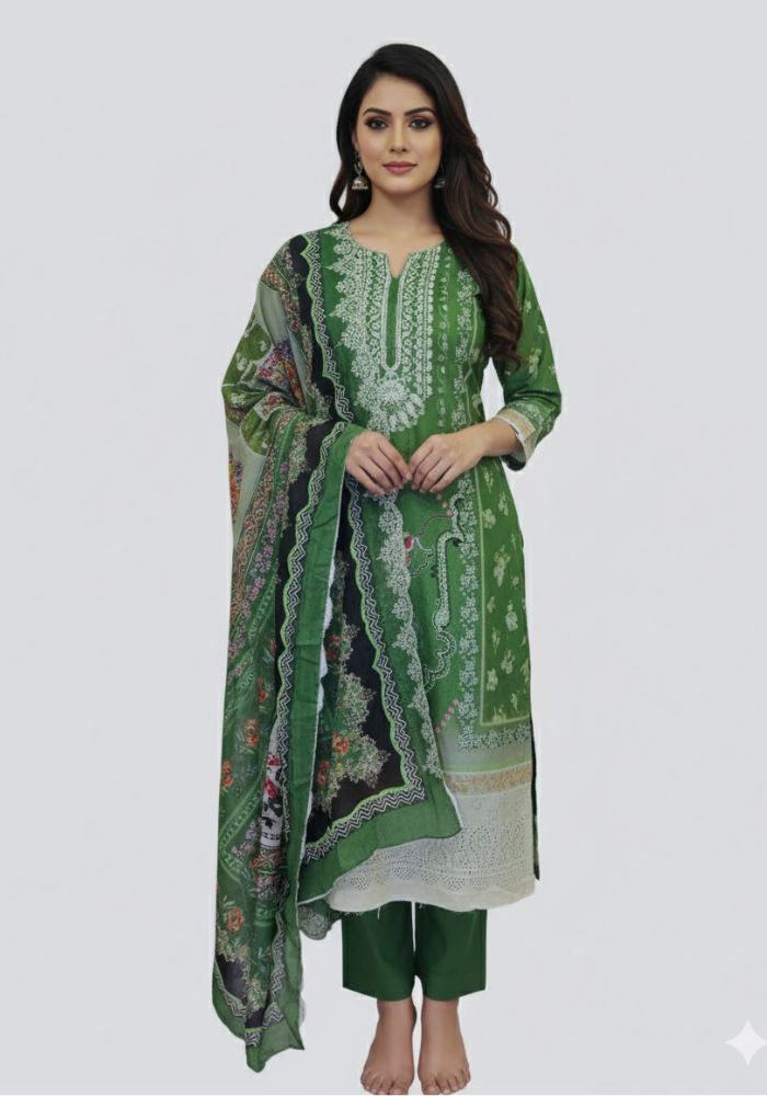 Gull Jee Premium Quality Soft Cotton Green Color Three Pieces D 34128