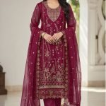 Luxury Embroidered Chiffon Salwar Suit with Organza Dupatta Maroon Color