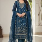 Luxury Embroidered Chiffon Salwar Suit with Organza Dupatta Ocean Blue DHF