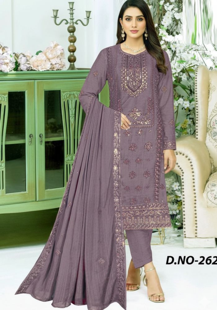 Luxury Embroidered Design Chiffon Salwar Kameez DHF 262 Deep Ash Color
