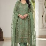 Luxury Embroidered Chiffon Salwar Suit with Organza Dupatta Green Color