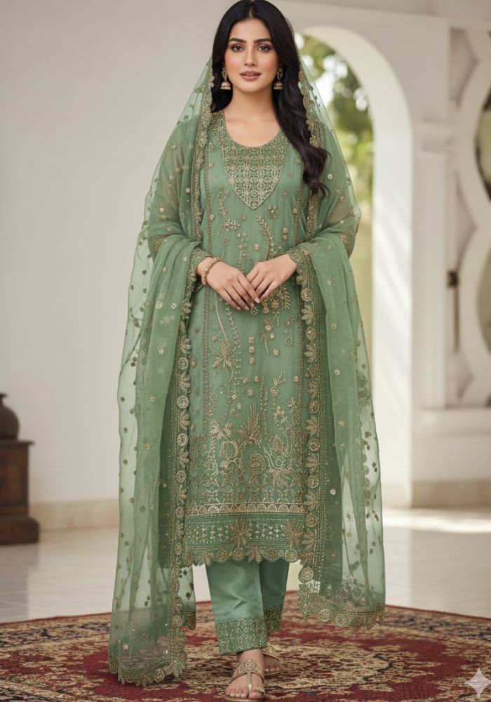 Luxury Embroidered Chiffon Salwar Suit with Organza Dupatta Green Color