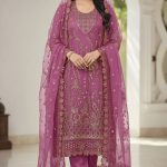 Luxury Embroidered Chiffon Salwar Suit with Organza Dupatta Magenta Color