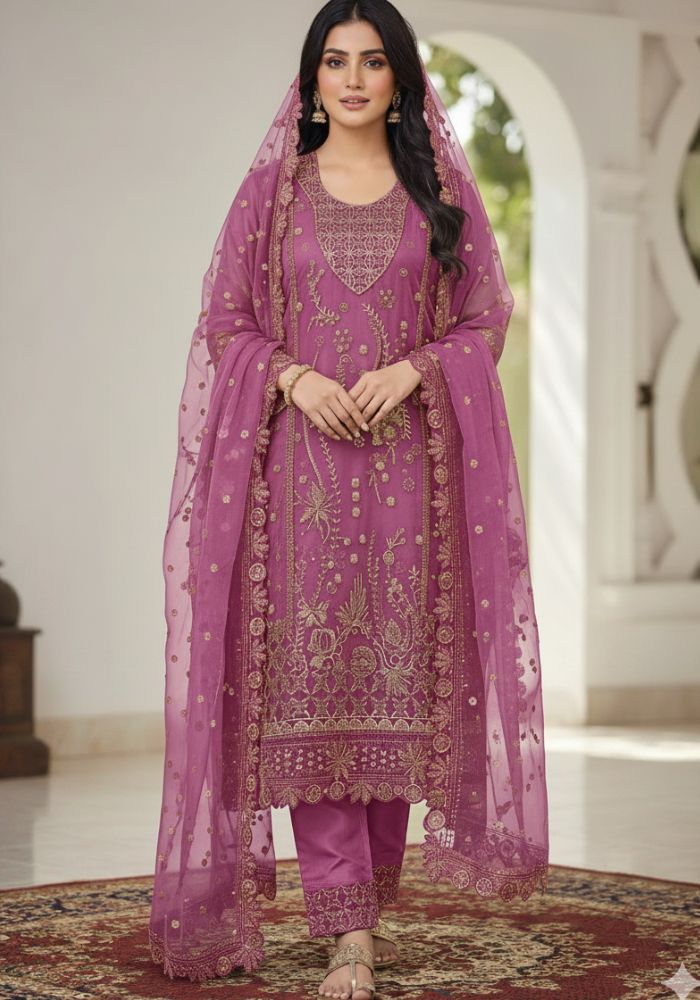 Luxury Embroidered Chiffon Salwar Suit with Organza Dupatta Magenta Color