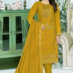Luxury Embroidered Design Chiffon Salwar Kameez DHF 262 Yellow Color