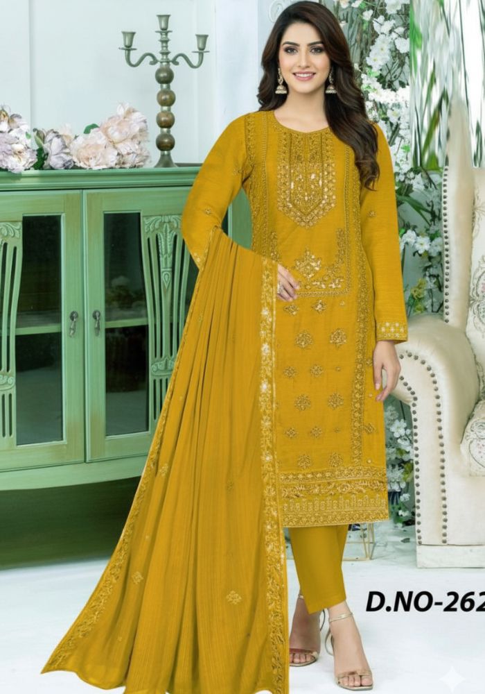 Luxury Embroidered Design Chiffon Salwar Kameez DHF 262 Yellow Color