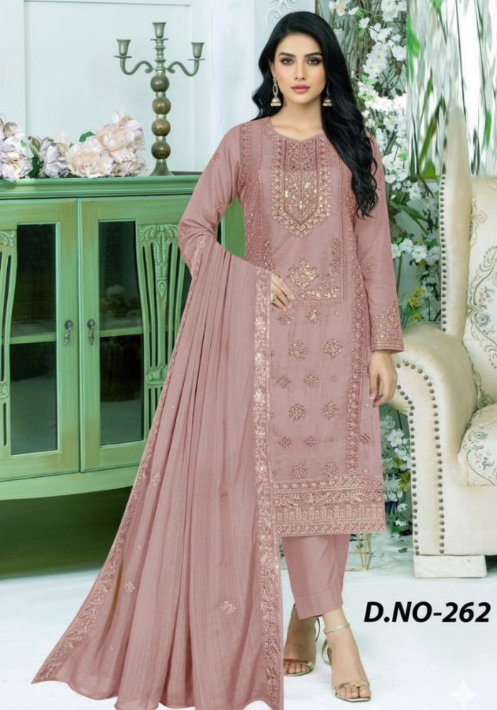Luxury Embroidered Design Chiffon Salwar Kameez DHF 262 Onion Color