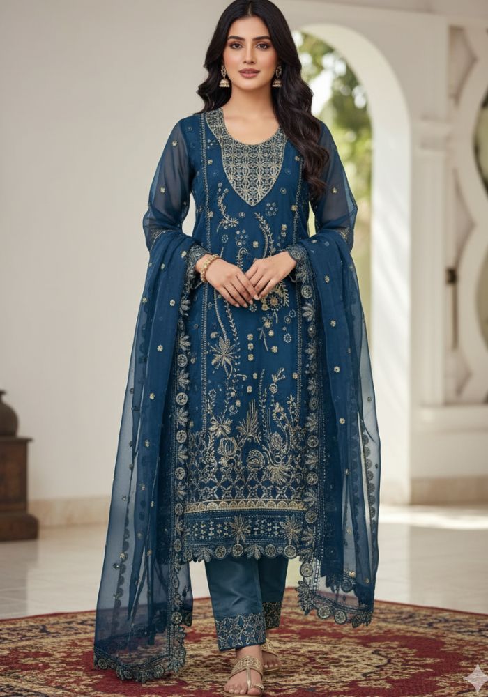 Luxury Embroidered Chiffon Salwar Suit with Organza Dupatta Ocean Blue DHF
