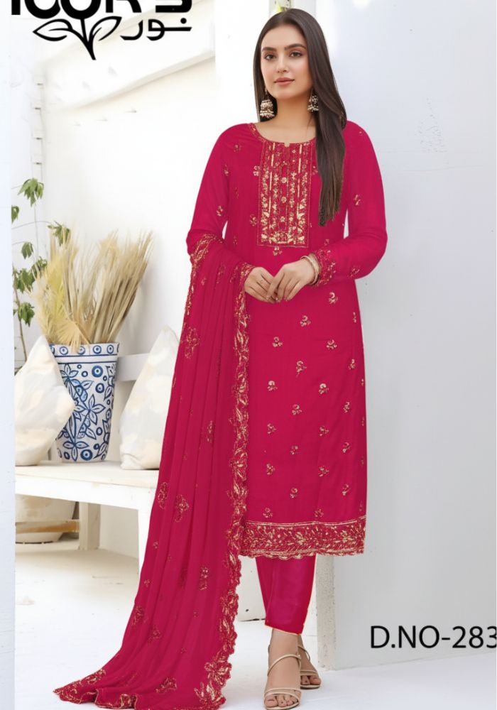 Luxury Embroidered Noors Design Chiffon Salwar Kameez DHF Pink Color