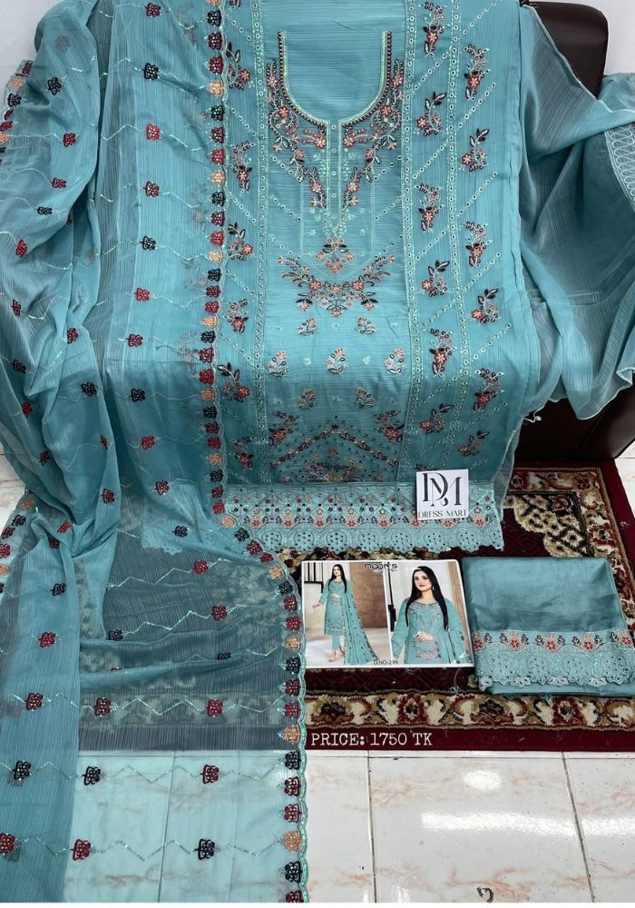 Luxury Embroidered Noors Design Chiffon Suit with Organza Dupatta Blue Color (1)