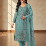 Luxury Embroidered Noors Design Chiffon Suit with Organza Dupatta Blue