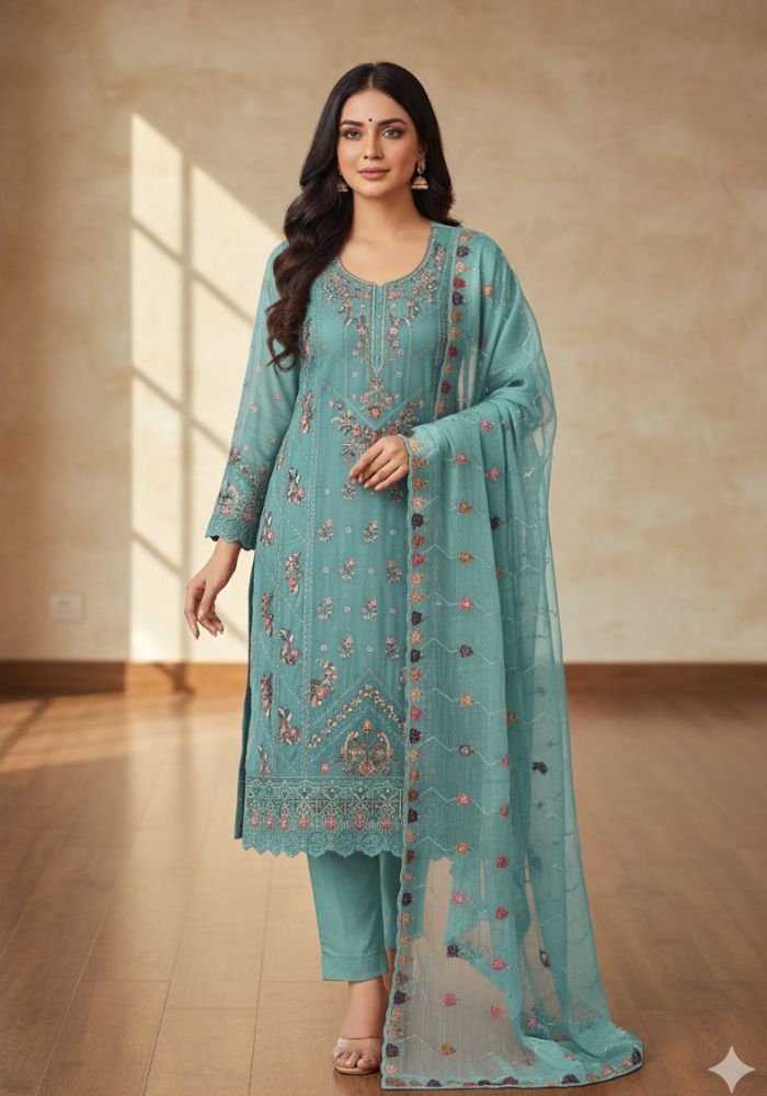 Luxury Embroidered Noors Design Chiffon Suit with Organza Dupatta Blue
