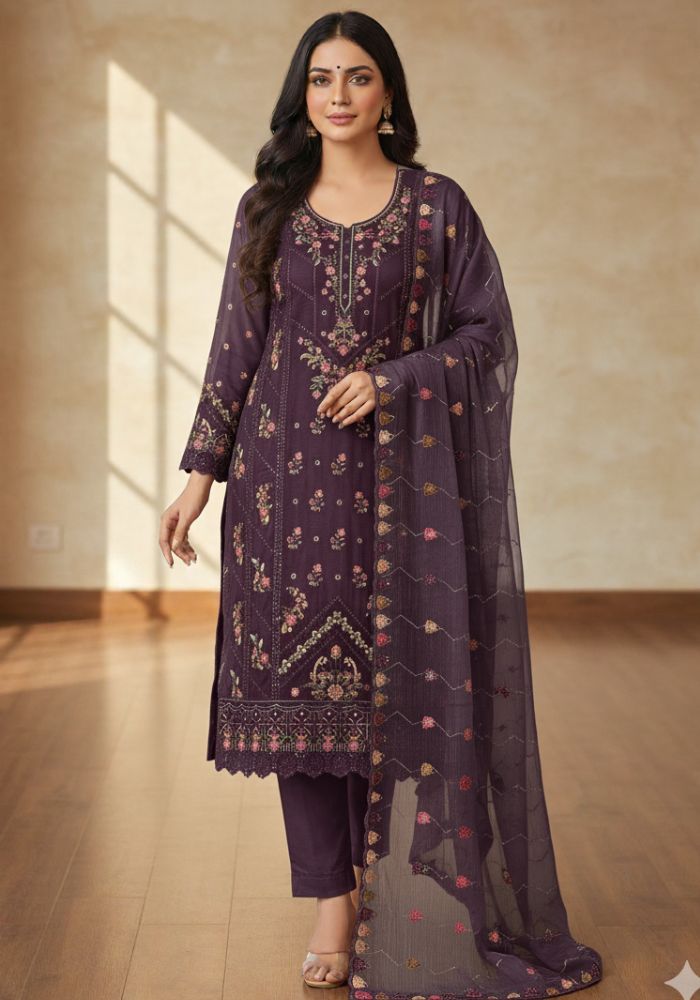 Luxury Embroidered Noors Design Chiffon Suit with Organza Dupatta Deep Maroon