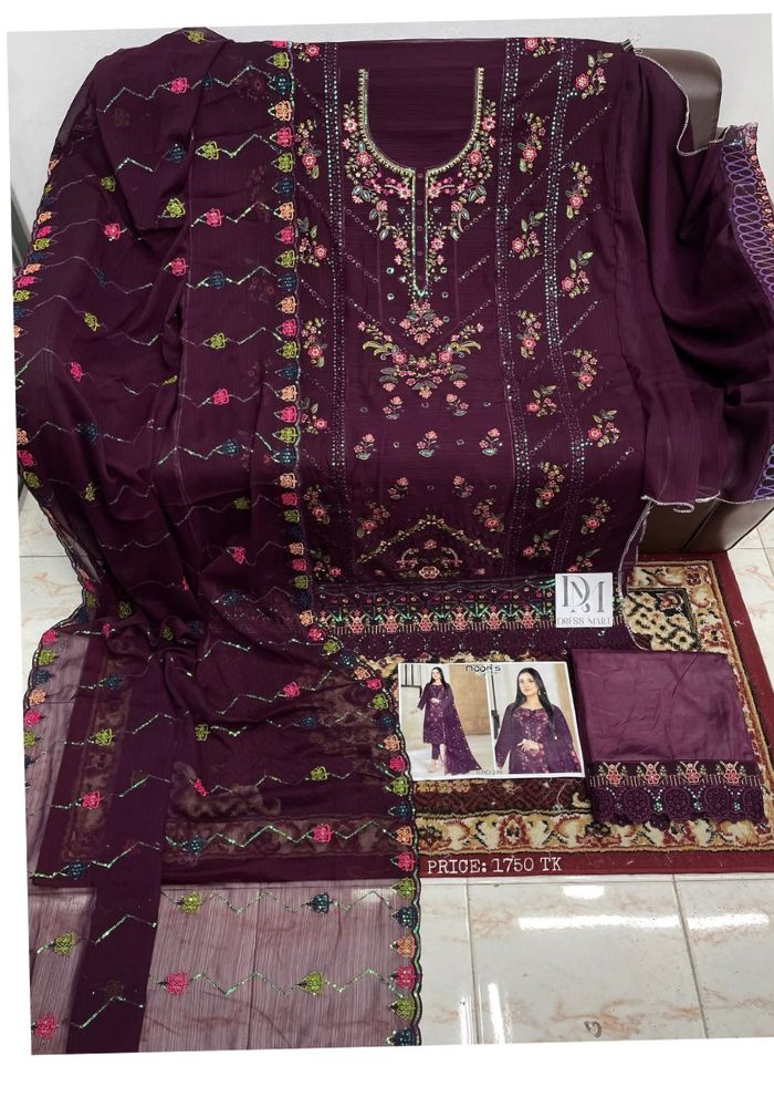 Luxury Embroidered Noors Design Chiffon Suit with Organza Dupatta Deep Maroon (1)