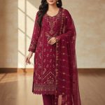 Luxury Embroidered Noors Design Chiffon Suit with Organza Dupatta Maroon