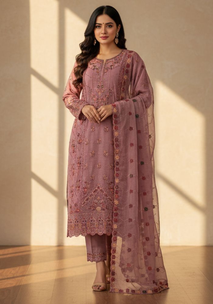 Luxury Embroidered Noors Design Chiffon Suit with Organza Dupatta Onion Color