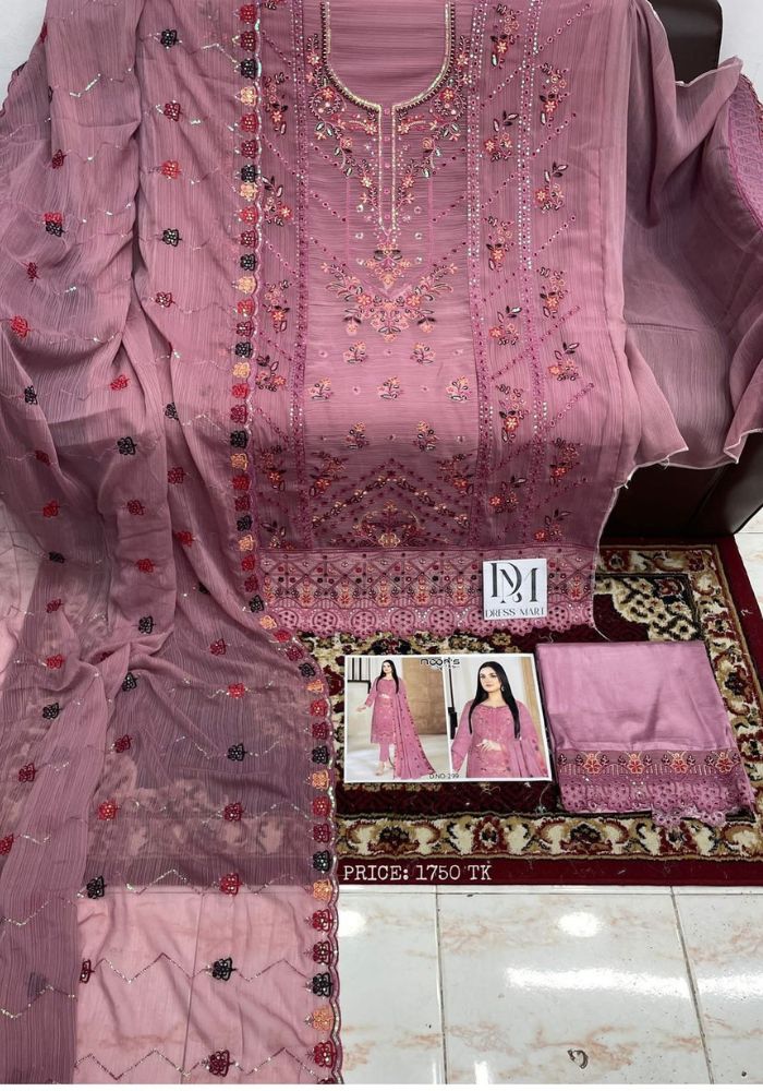 Luxury Embroidered Noors Design Chiffon Suit with Organza Dupatta Onion color