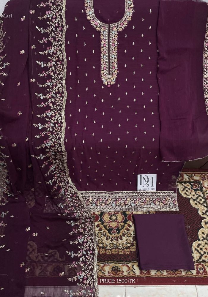 Luxury EmbroideredChiffon Suit with Organza Dupatta Maroon color (4)